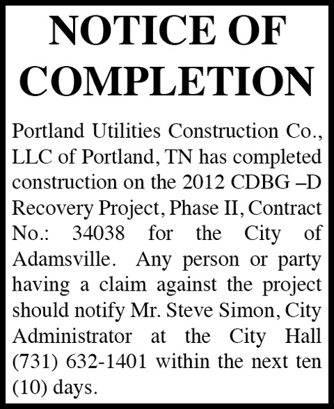 City of Adamsville-Notice of Completion