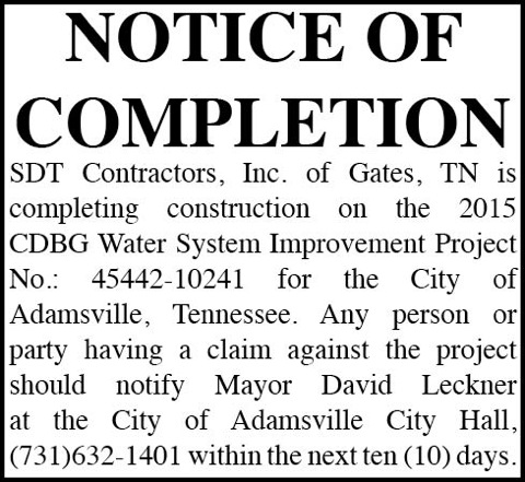 City of Adamsville-Notice of Completion