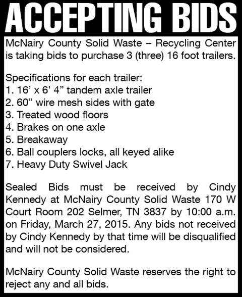 MCNAIRY COUNTY SOLID WASTE ACCEPTING BIDS