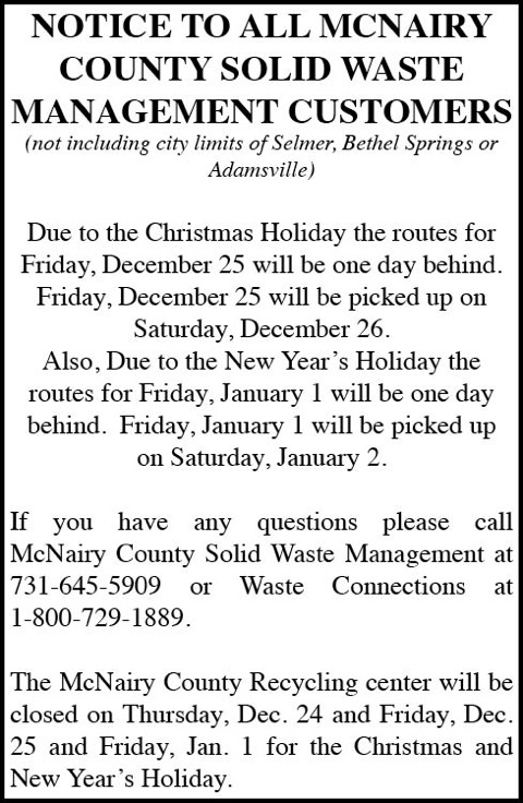McNairy County Solid Waste-Schedule