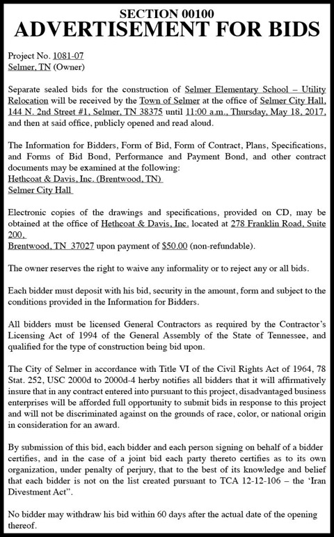 Selmer Utility Division-Bids