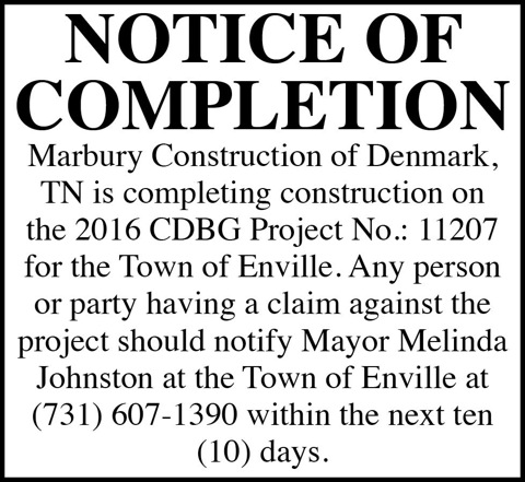 Town of Adamsville-Notice of Completion