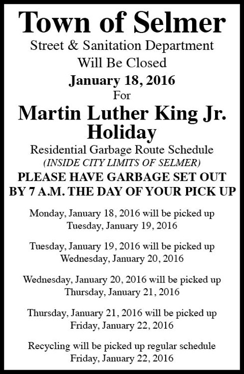 Town of Selmer-Garbage Schedule