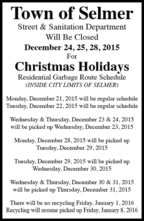 Town of Selmer-Garbage Schedule