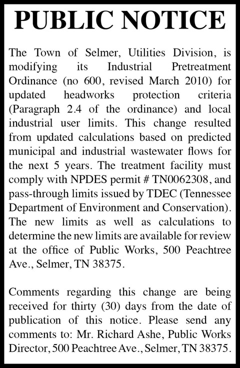 Town of Selmer-Public Notice
