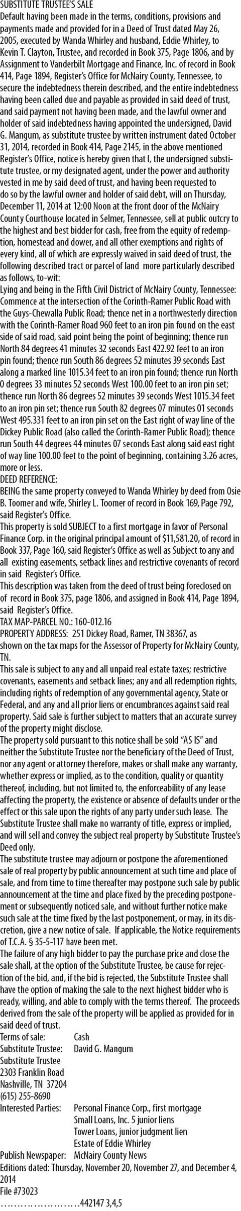 WHIRLEY FORECLOSURE